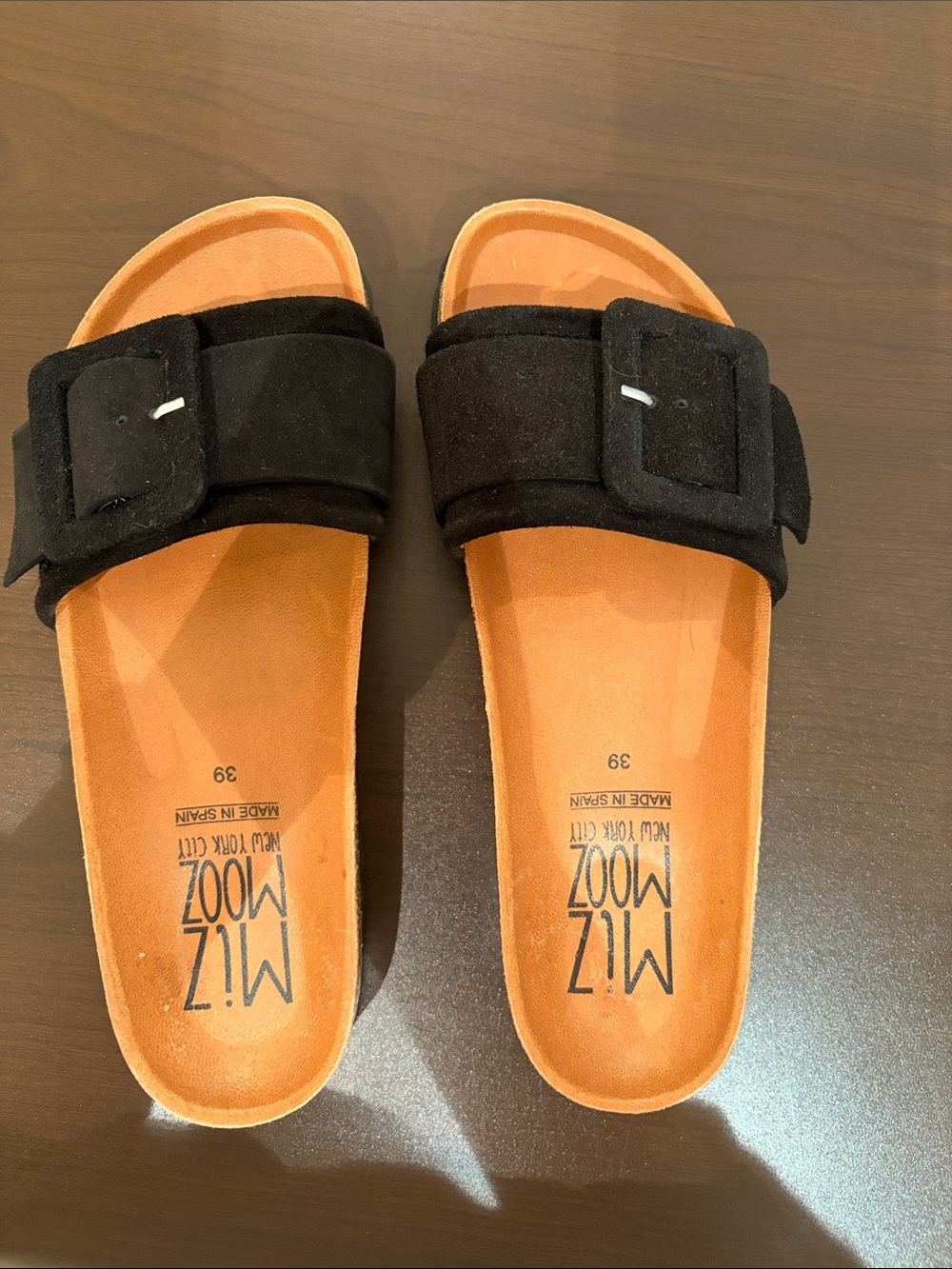 Miz Mooz Black Suede Buckle Slide Sandals
